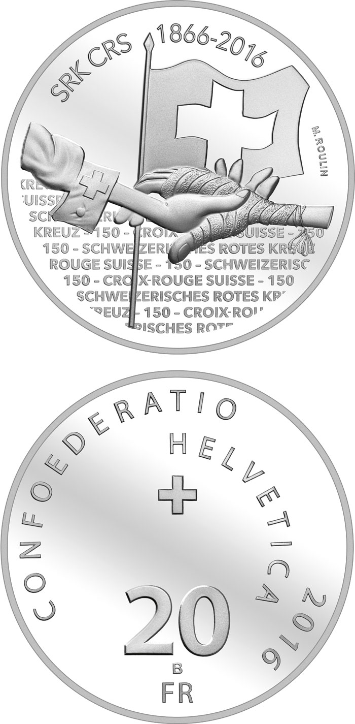 Image of 20 francs coin - 150th Anniversary of the Swiss Red Cross | Switzerland 2016.  The Silver coin is of Proof, BU quality.