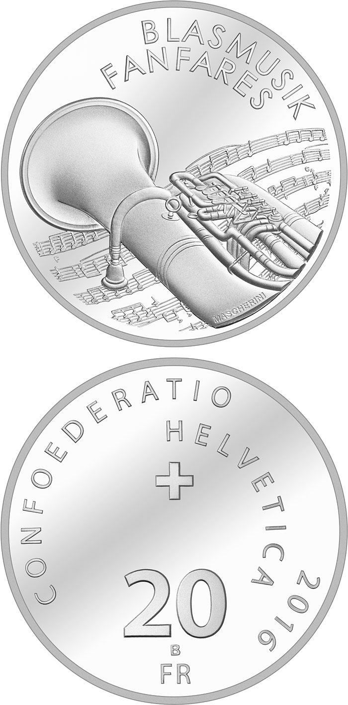Image of 20 francs coin - Brass bands | Switzerland 2016.  The Silver coin is of Proof, BU quality.