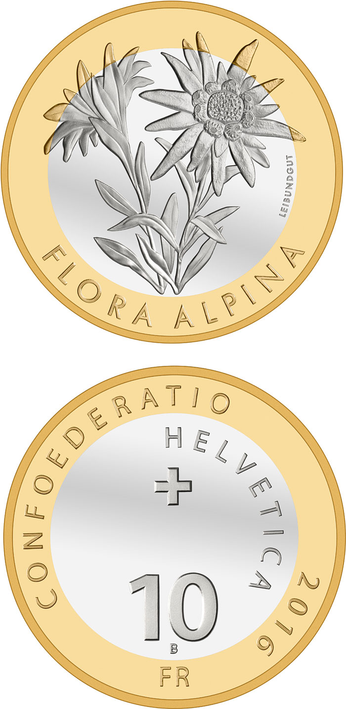 Image of 10 francs coin - Alpine Edelweiss | Switzerland 2016.  The Bimetal: CuNi, nordic gold coin is of Proof, BU quality.
