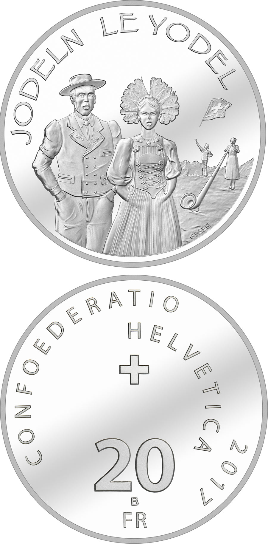 Image of 20 francs coin - Yodelling  | Switzerland 2017.  The Silver coin is of Proof, BU quality.
