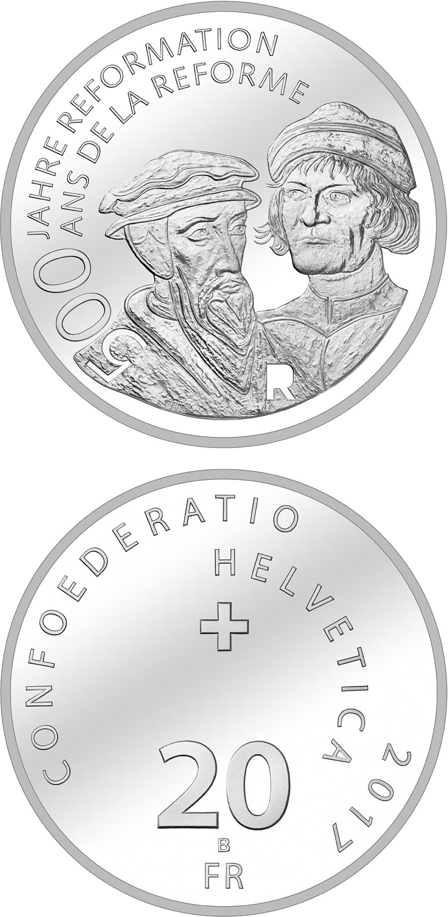 Image of 20 francs coin - 500 Years of Reformation  | Switzerland 2017.  The Silver coin is of Proof, BU quality.