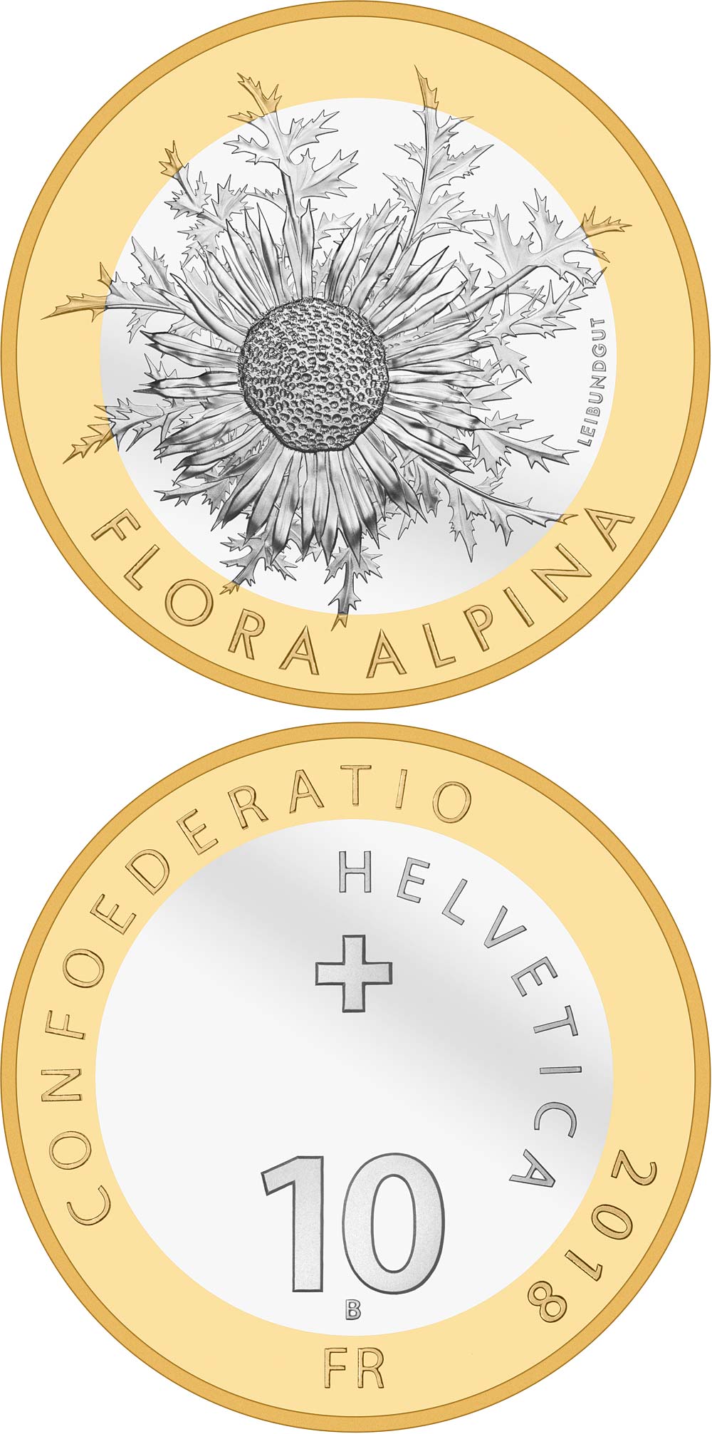 Image of 10 francs coin - Carline thistle | Switzerland 2018.  The Bimetal: CuNi, nordic gold coin is of Proof, BU quality.