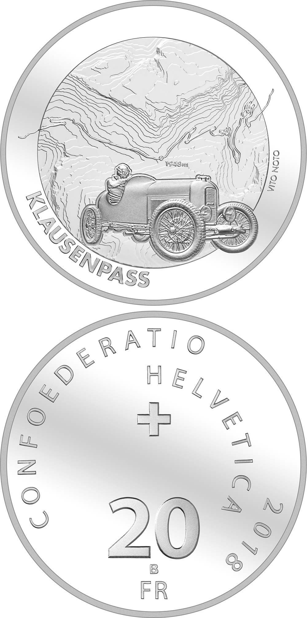 Image of 20 francs coin - Klausen Pass | Switzerland 2017.  The Silver coin is of Proof, BU quality.