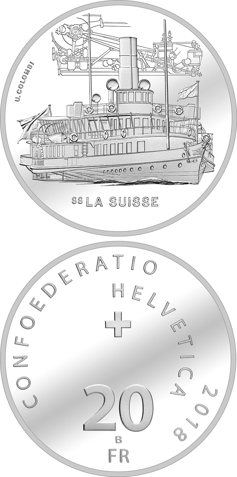 Image of 20 francs coin - La Suisse | Switzerland 2018.  The Silver coin is of Proof, BU quality.