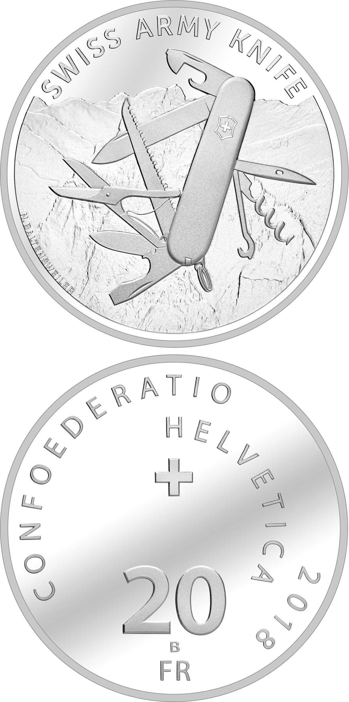 Image of 20 francs coin - Swiss Army Knife | Switzerland 2018.  The Silver coin is of Proof, BU quality.