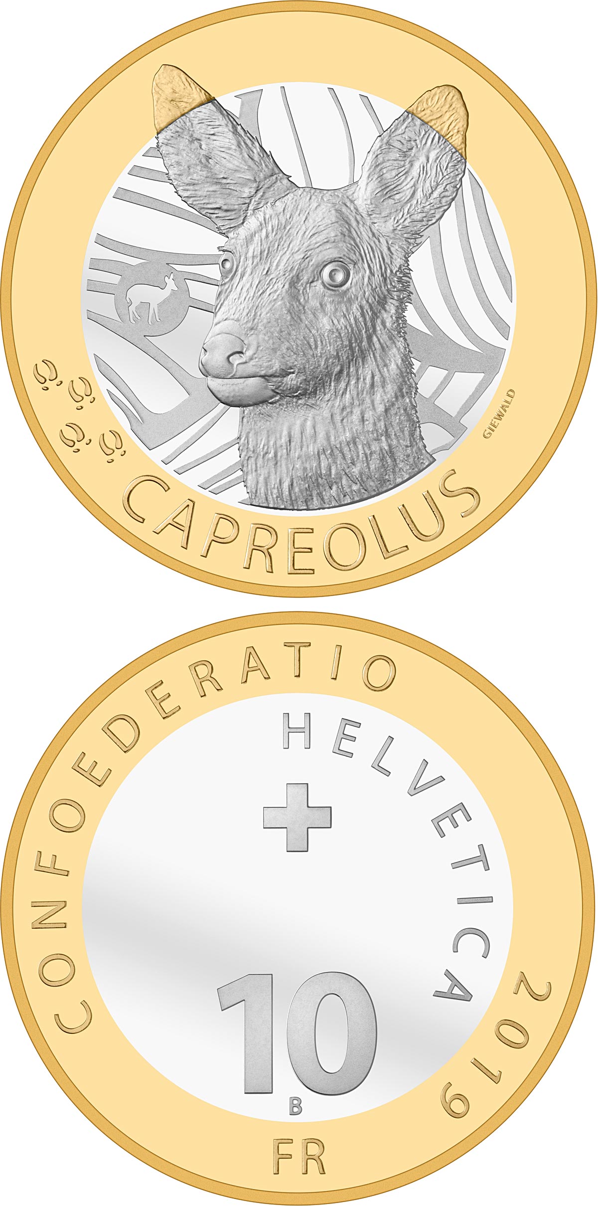 Image of 10 francs coin - Roe deer | Switzerland 2019.  The Bimetal: CuNi, nordic gold coin is of Proof, BU quality.