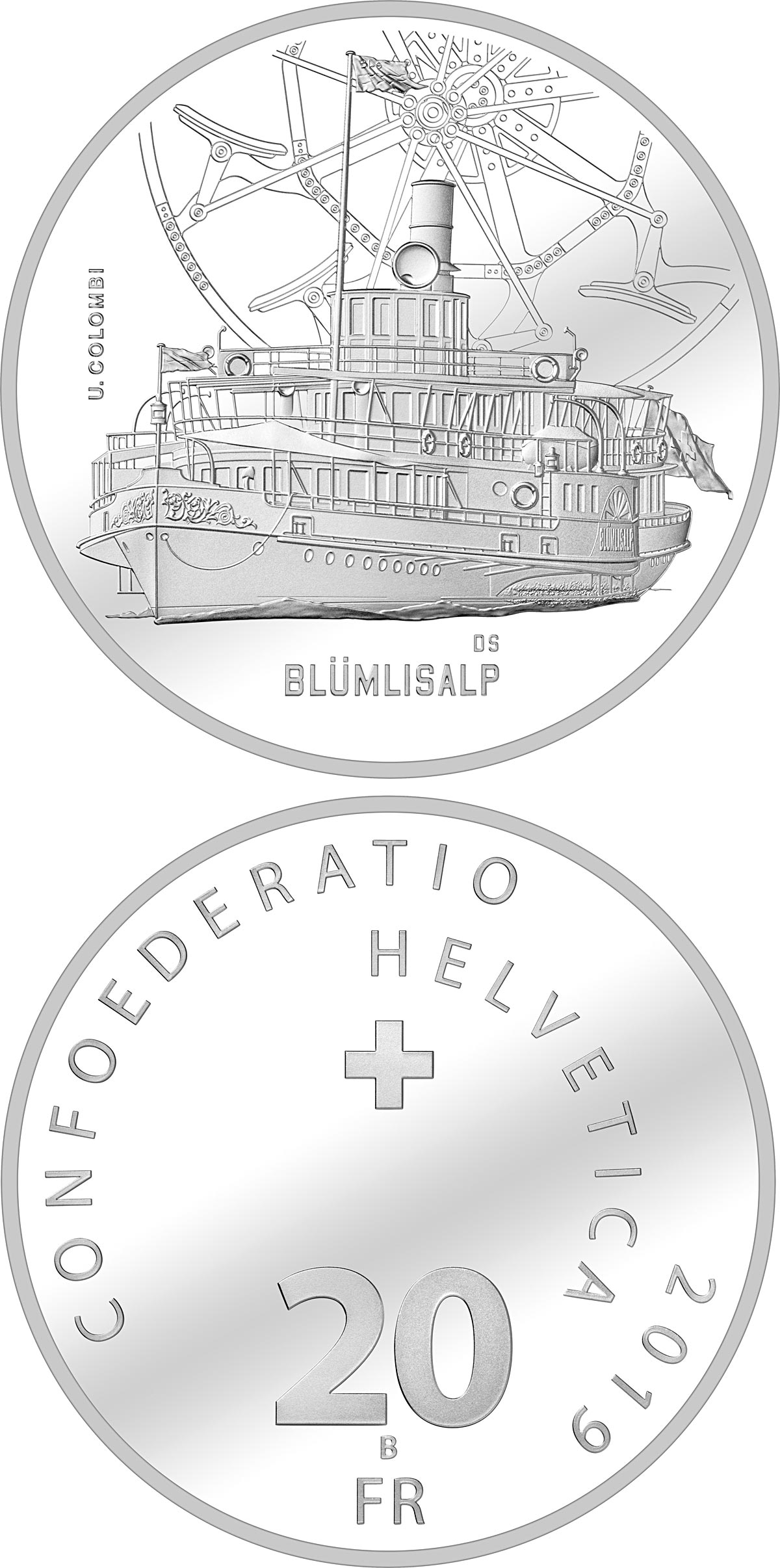 Image of 20 francs coin - Blümlisalp steamboat | Switzerland 2019.  The Silver coin is of Proof, BU quality.