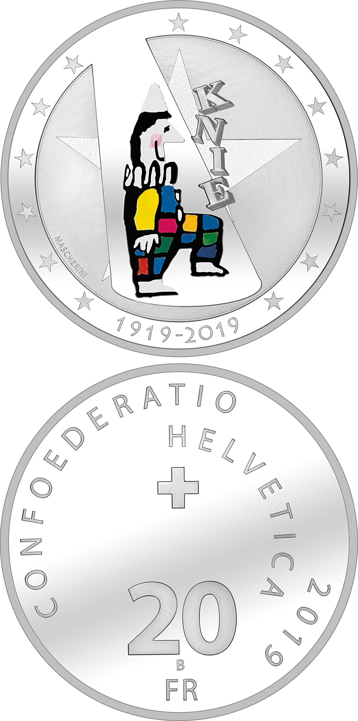 Image of 20 francs coin - 100 years of Circus Knie | Switzerland 2019.  The Silver coin is of Proof, BU quality.