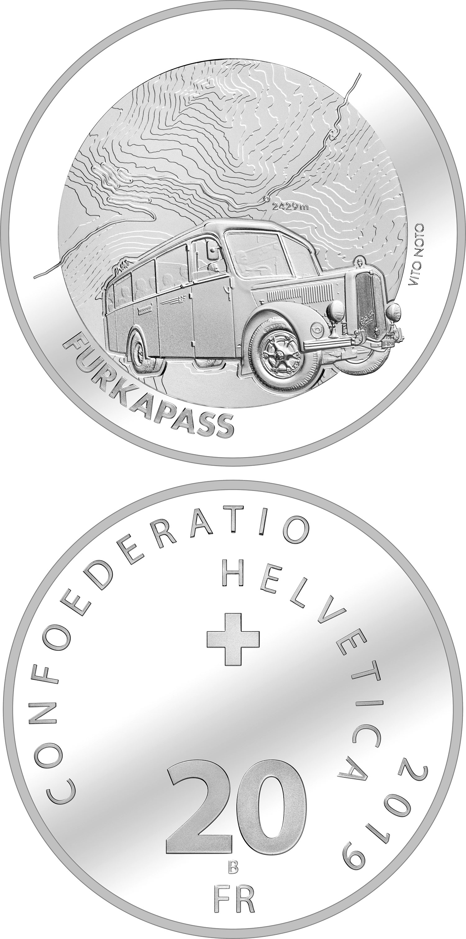 Image of 20 francs coin - Furka Pass | Switzerland 2019.  The Silver coin is of Proof, BU quality.