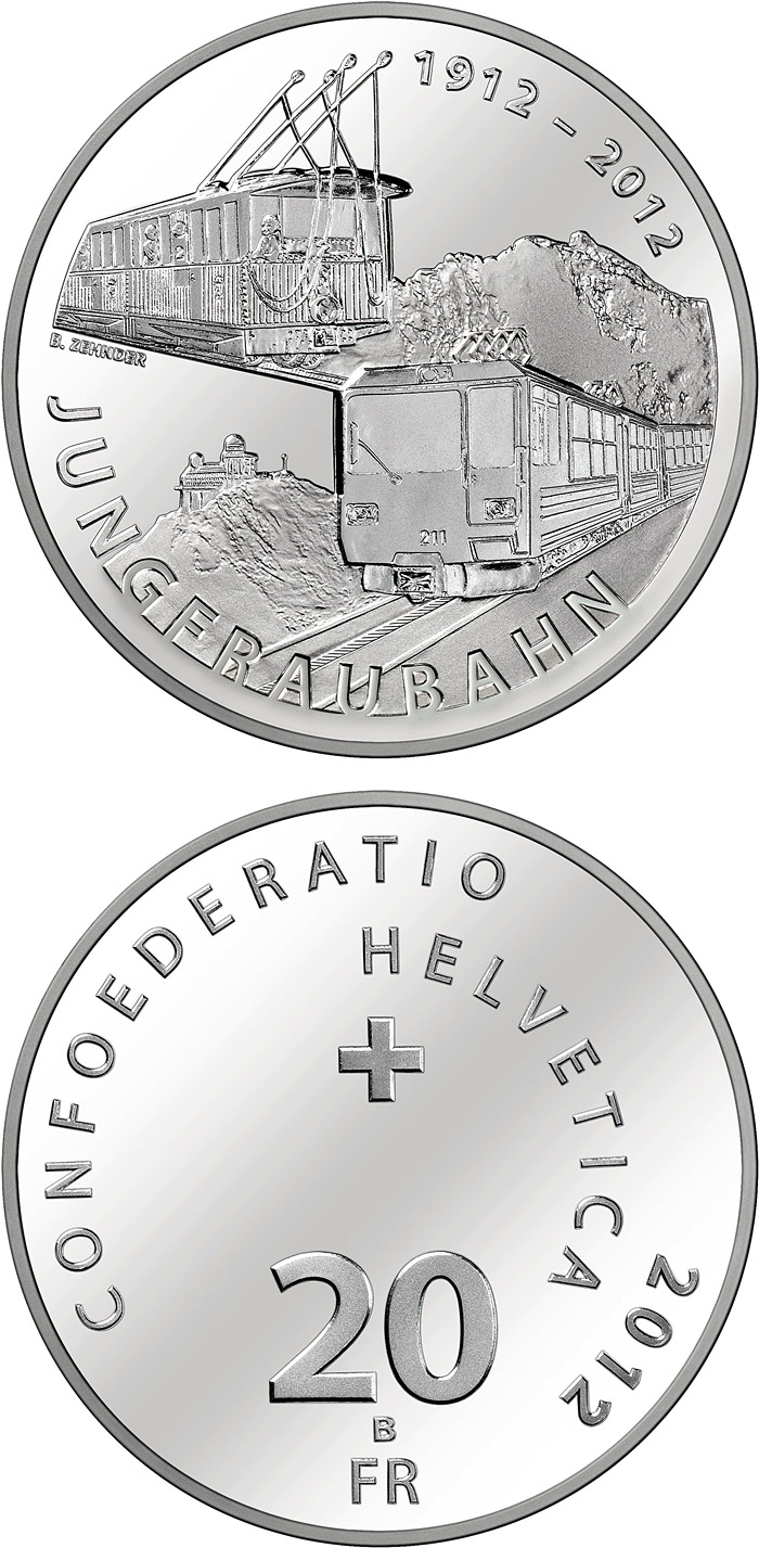 Image of 20 francs coin - 100 years of Jungfrau Railway | Switzerland 2012.  The Silver coin is of Proof, BU quality.