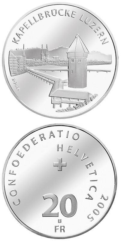 Image of 20 francs coin - Chapel bridge Lucerne | Switzerland 2005.  The Silver coin is of Proof, BU quality.