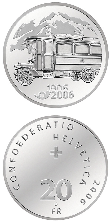 Image of 20 francs coin - 100 years of post bus | Switzerland 2006.  The Silver coin is of Proof, BU quality.