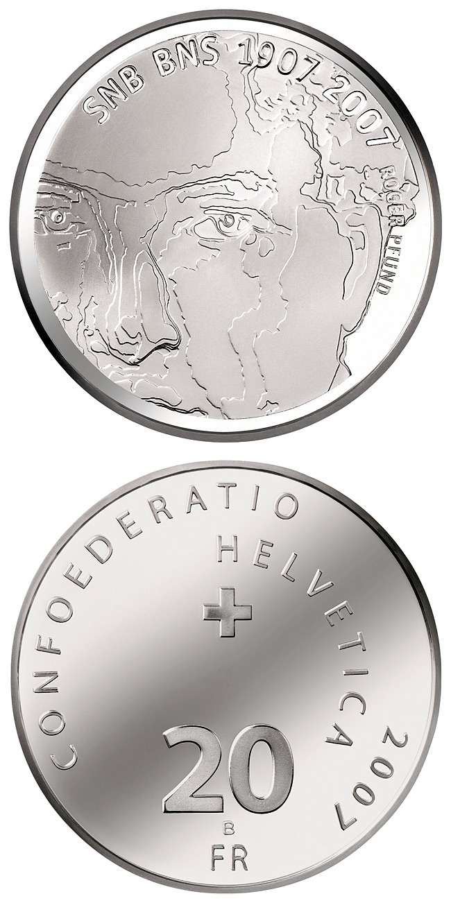 Image of 20 francs coin - 100 years of the Swiss National Bank | Switzerland 2007.  The Silver coin is of Proof, BU quality.