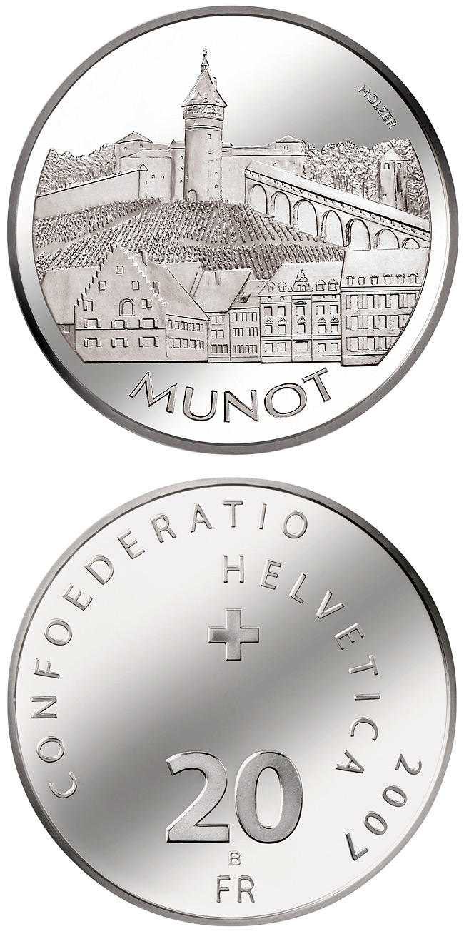 Image of 20 francs coin - Munot Schaffhausen | Switzerland 2007.  The Silver coin is of Proof, BU quality.