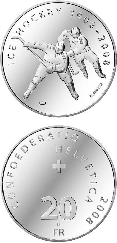 Image of 20 francs coin - Ice hockey Centenary | Switzerland 2008.  The Silver coin is of Proof, BU quality.