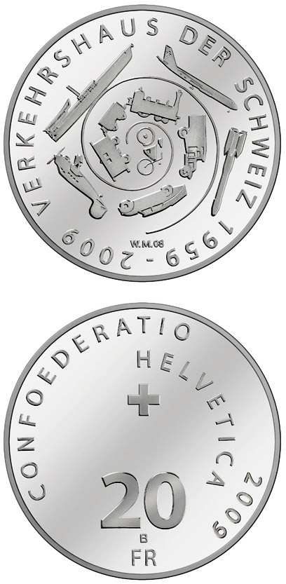 Image of 20 francs coin - 50th anniversary of the Swiss Museum of Transport | Switzerland 2009.  The Silver coin is of Proof, BU quality.