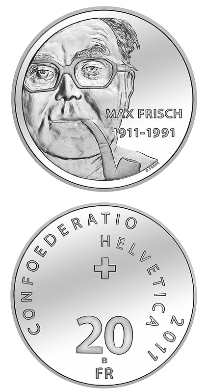 Image of 20 francs coin - 100th anniversary of Max Frisch's birthday | Switzerland 2011.  The Silver coin is of Proof, BU quality.