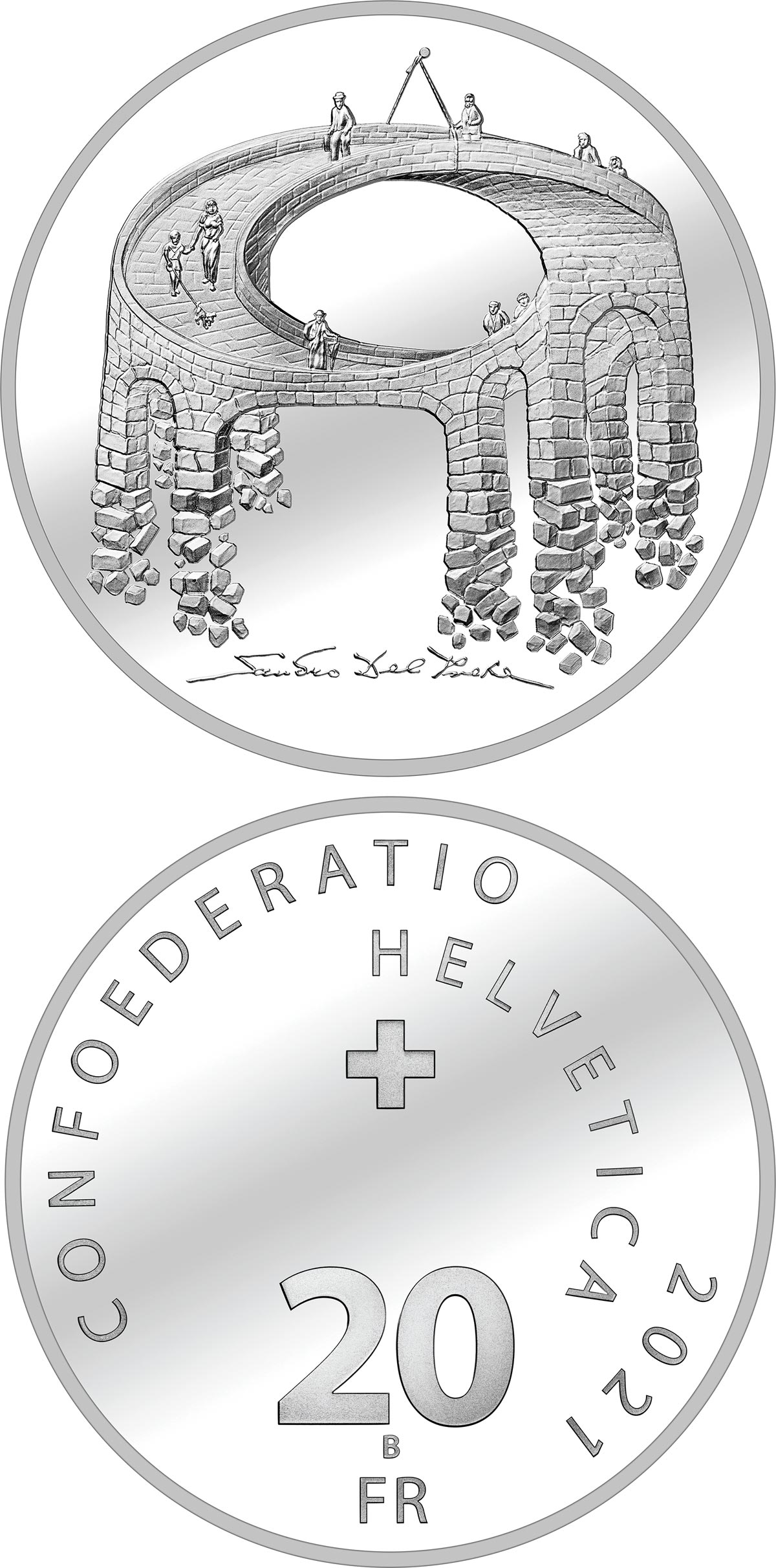 Image of 20 francs coin - Illusion – The Bridge of Life | Switzerland 2021.  The Silver coin is of Proof, BU quality.