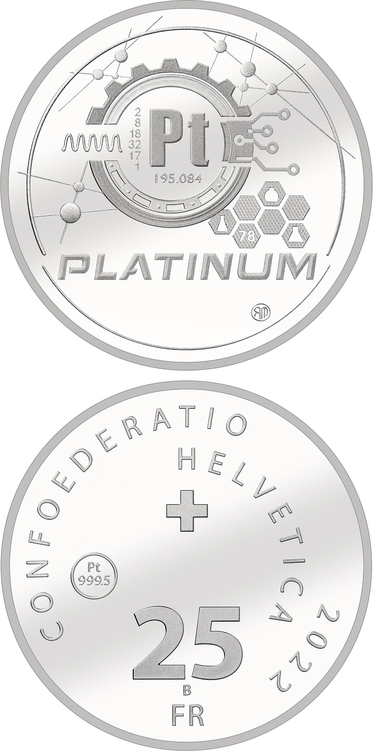Image of 25 francs coin - Platinum | Switzerland 2022.  The Platinum coin is of Proof quality.