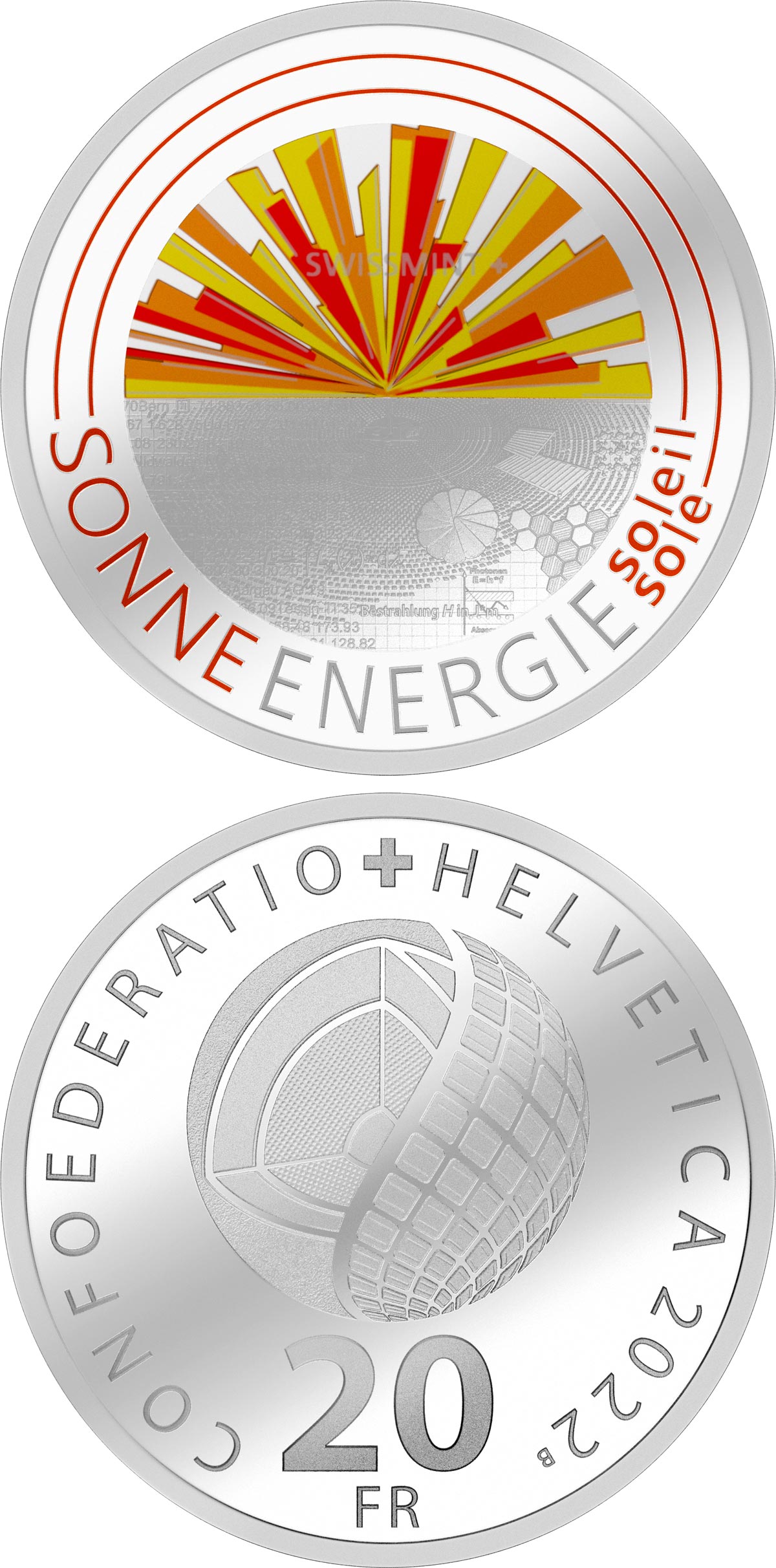 Image of 20 francs coin - Solar energy | Switzerland 2022.  The Silver coin is of Proof quality.