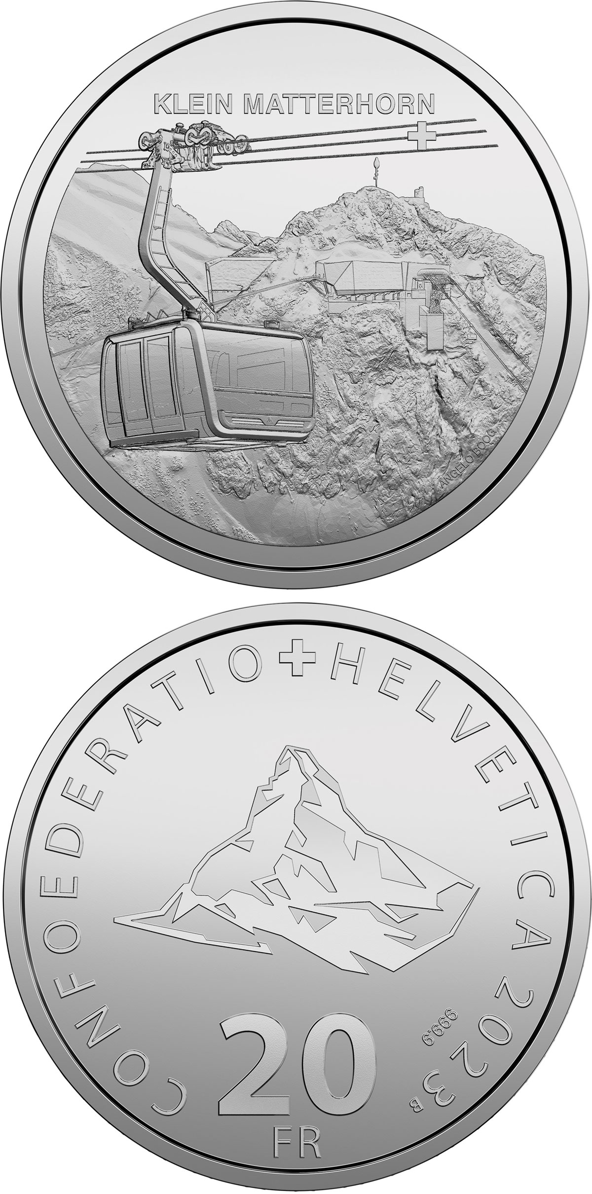 Image of 20 francs coin - Aerial Cableway Klein Matterhorn | Switzerland 2023.  The Silver coin is of Proof quality.