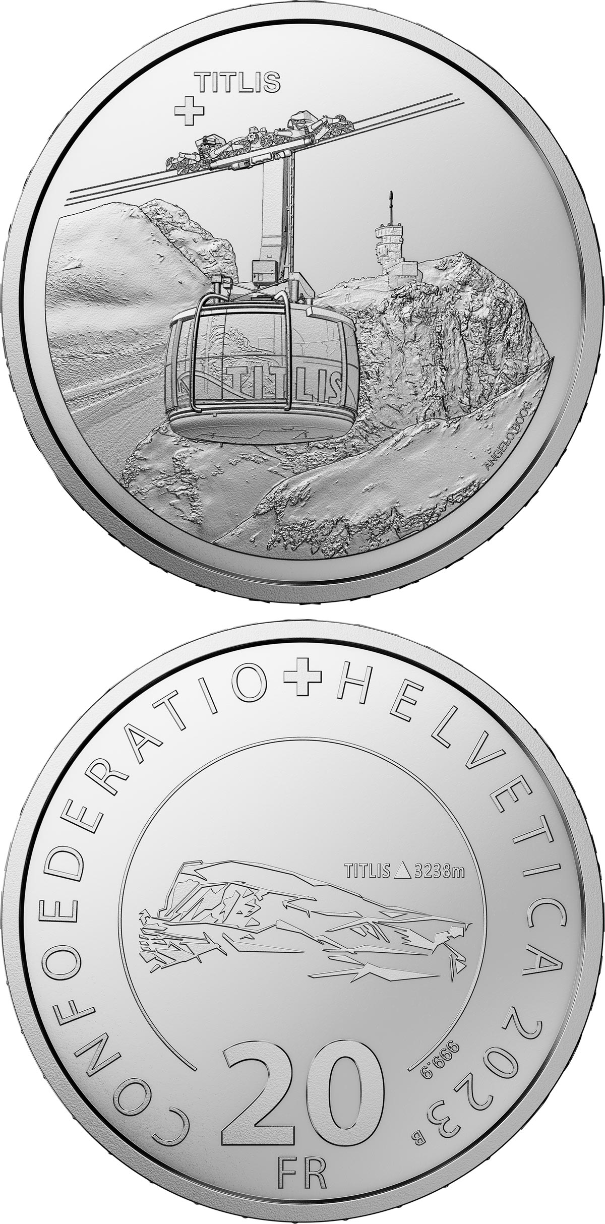 Image of 20 francs coin - Aerial Cableway Titlis | Switzerland 2023.  The Silver coin is of Proof quality.