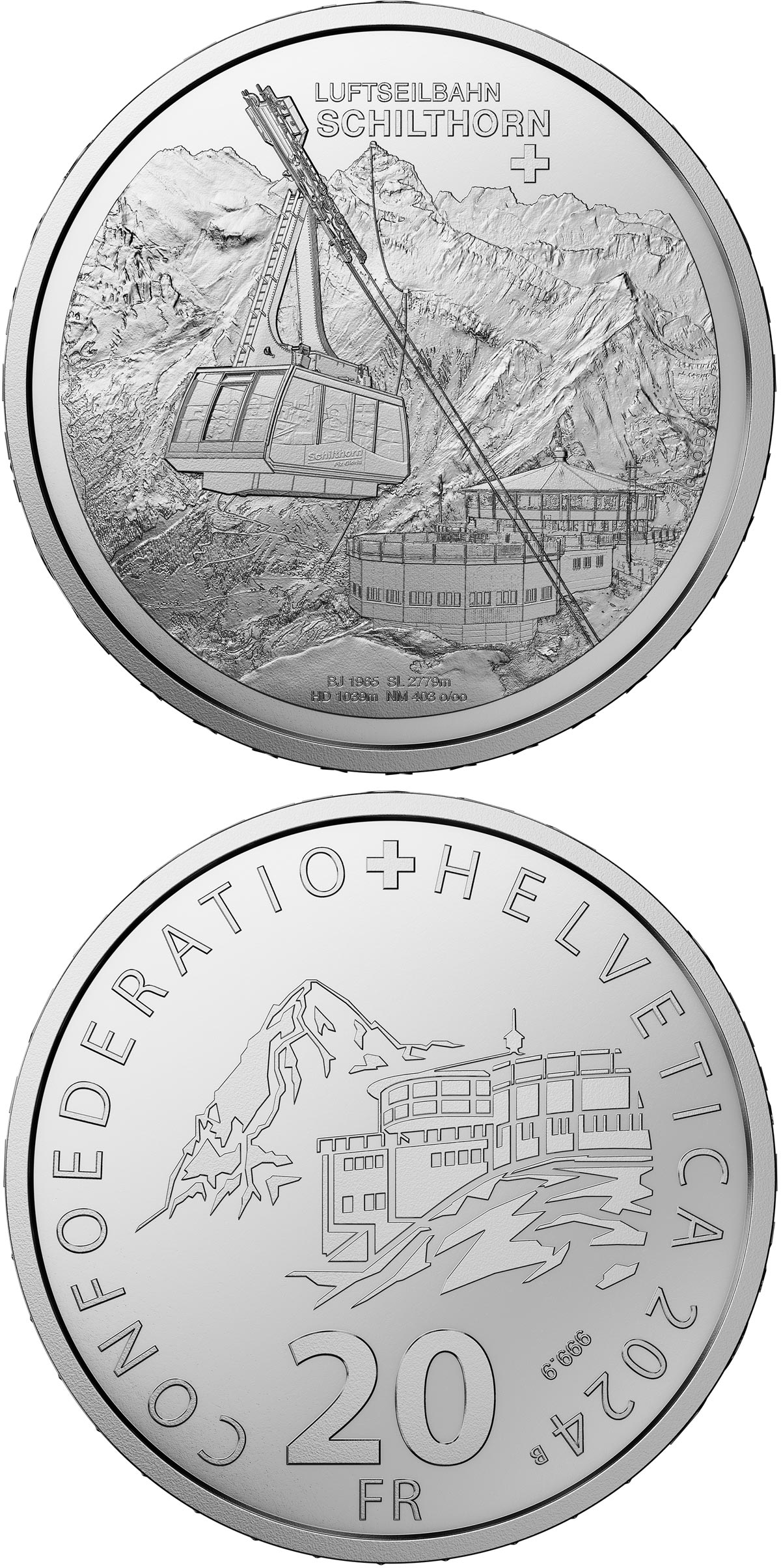 Image of 20 francs coin - Aerial Cableway Schilthorn | Switzerland 2024.  The Silver coin is of Proof quality.