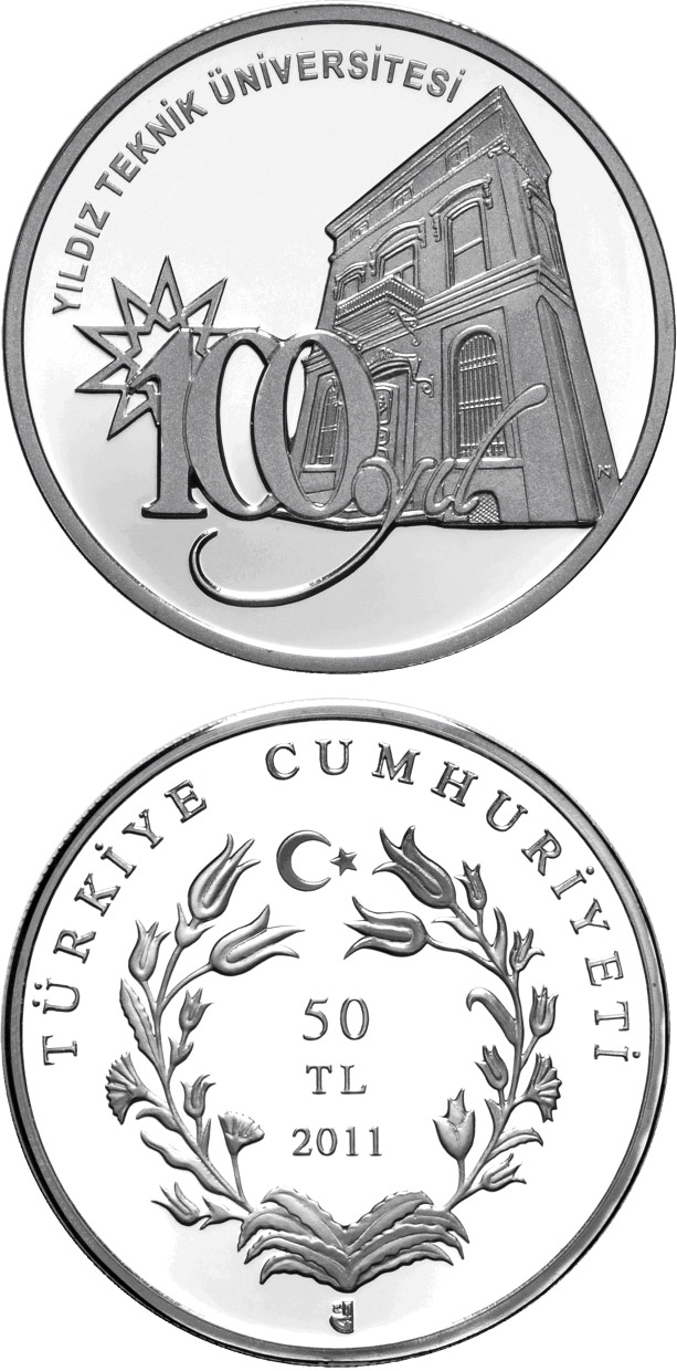 Image of 50 Lira coin - 100th Anniversary of the Yildiz Technical University  | Turkey 2011.  The Silver coin is of Proof quality.