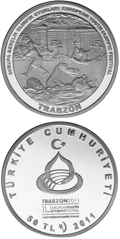 Image of 50 Lira coin - European Youth Olympic Festival 2011 – Trabzon | Turkey 2011.  The Silver coin is of Proof quality.