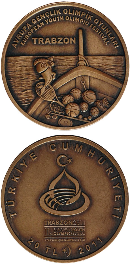 Image of 20 Lira coin - European Youth Olympic Festival 2011 – Trabzon | Turkey 2011.  The Bronze coin is of BU quality.