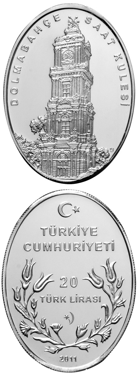 Image of 20 Lira coin - Dolmabahçe Palace Clock Tower  | Turkey 2011.  The Silver coin is of Proof quality.