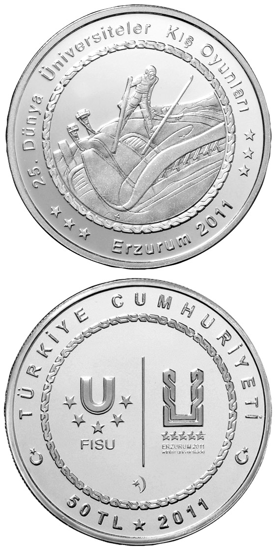 Image of 50 Lira coin - XXV. World University Winter Games in Erzurum – Skiing | Turkey 2011.  The Silver coin is of Proof quality.