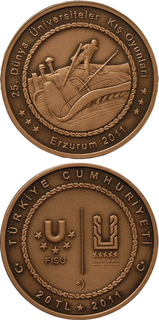Image of 20 Lira coin - XXV. World University Winter Games in Erzurum – Skiing | Turkey 2011.  The Bronze coin is of BU quality.