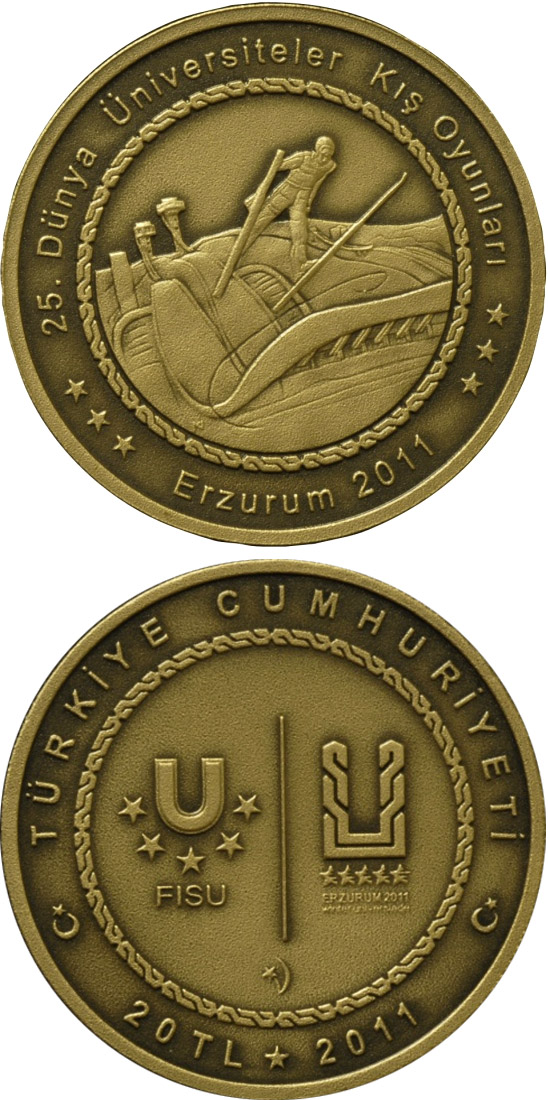 Image of 20 Lira coin - XXV. World University Winter Games in Erzurum – Skiing | Turkey 2011.  The Brass coin is of BU quality.