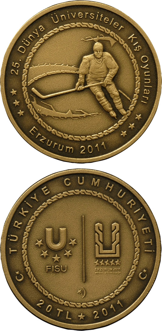 Image of 20 Lira coin - XXV. World University Winter Games in Erzurum – Hockey | Turkey 2011.  The Brass coin is of BU quality.