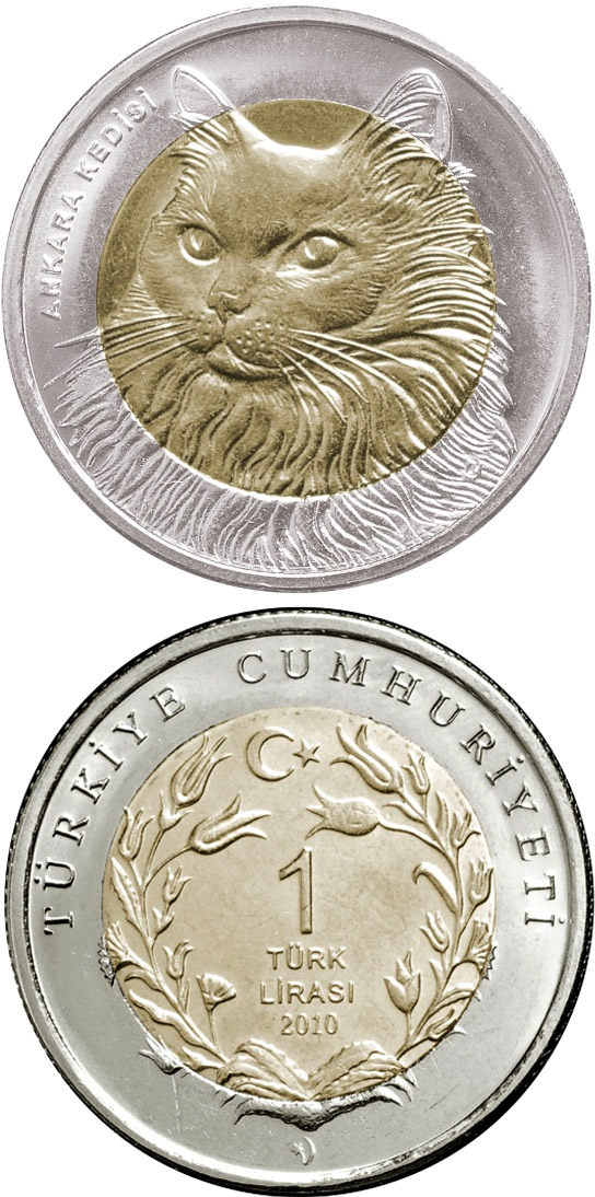 Image of 1 Lira coin - Turkish Angora Cat  | Turkey 2011.  The German silver (CuNiZn) coin is of UNC quality.