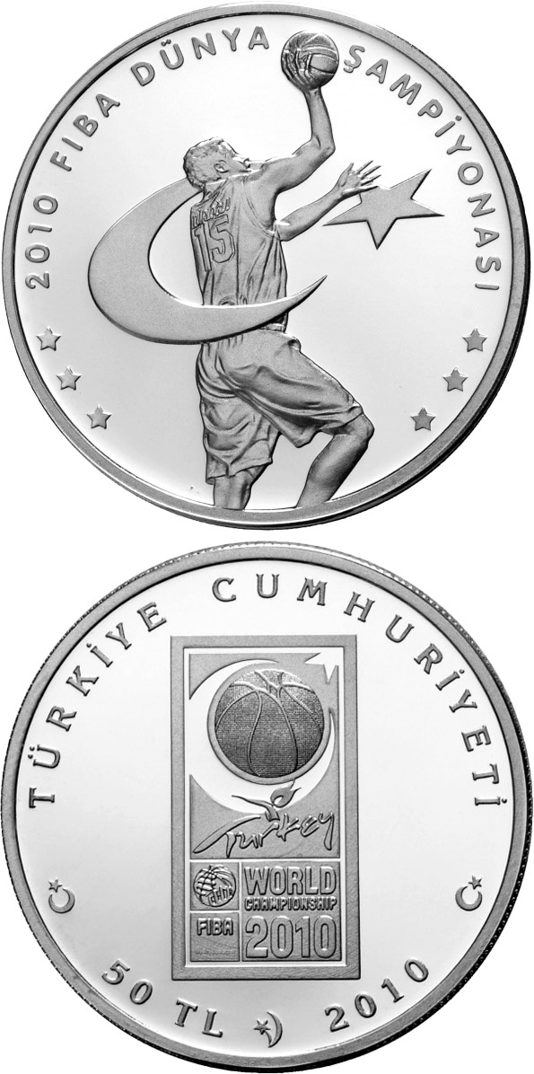 Image of 50 Lira coin - 2010 FIBA World Championship | Turkey 2010.  The Silver coin is of Proof quality.