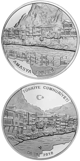 Image of 50 Lira coin - Ottoman hontic tomb in Amasya  | Turkey 2010.  The Silver coin is of Proof quality.