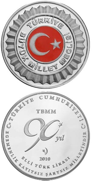 Image of 50 Lira coin - Grand National Assembly of Turkey  | Turkey 2010.  The Silver coin is of Proof quality.