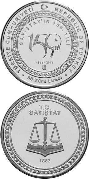 Image of 50 Lira coin - 150 Years of the Court | Turkey 2012.  The Silver coin is of Proof quality.