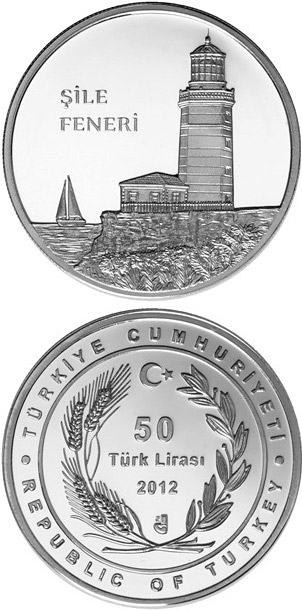 Image of 50 Lira coin - Şile Feneri | Turkey 2012.  The Silver coin is of Proof quality.