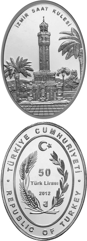 Image of 50 Lira coin - Izmir Clock Tower | Turkey 2012.  The Silver coin is of Proof quality.