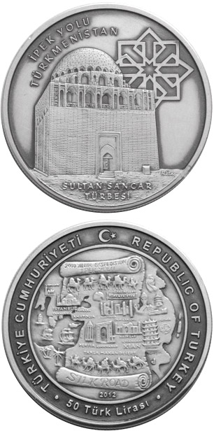 Image of 50 Lira coin - Silk Road - Turkmenistan | Turkey 2012.  The Silver coin is of BU quality.