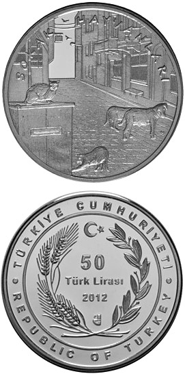 Image of 50 Lira coin - Stray Animals | Turkey 2012.  The Silver coin is of Proof quality.
