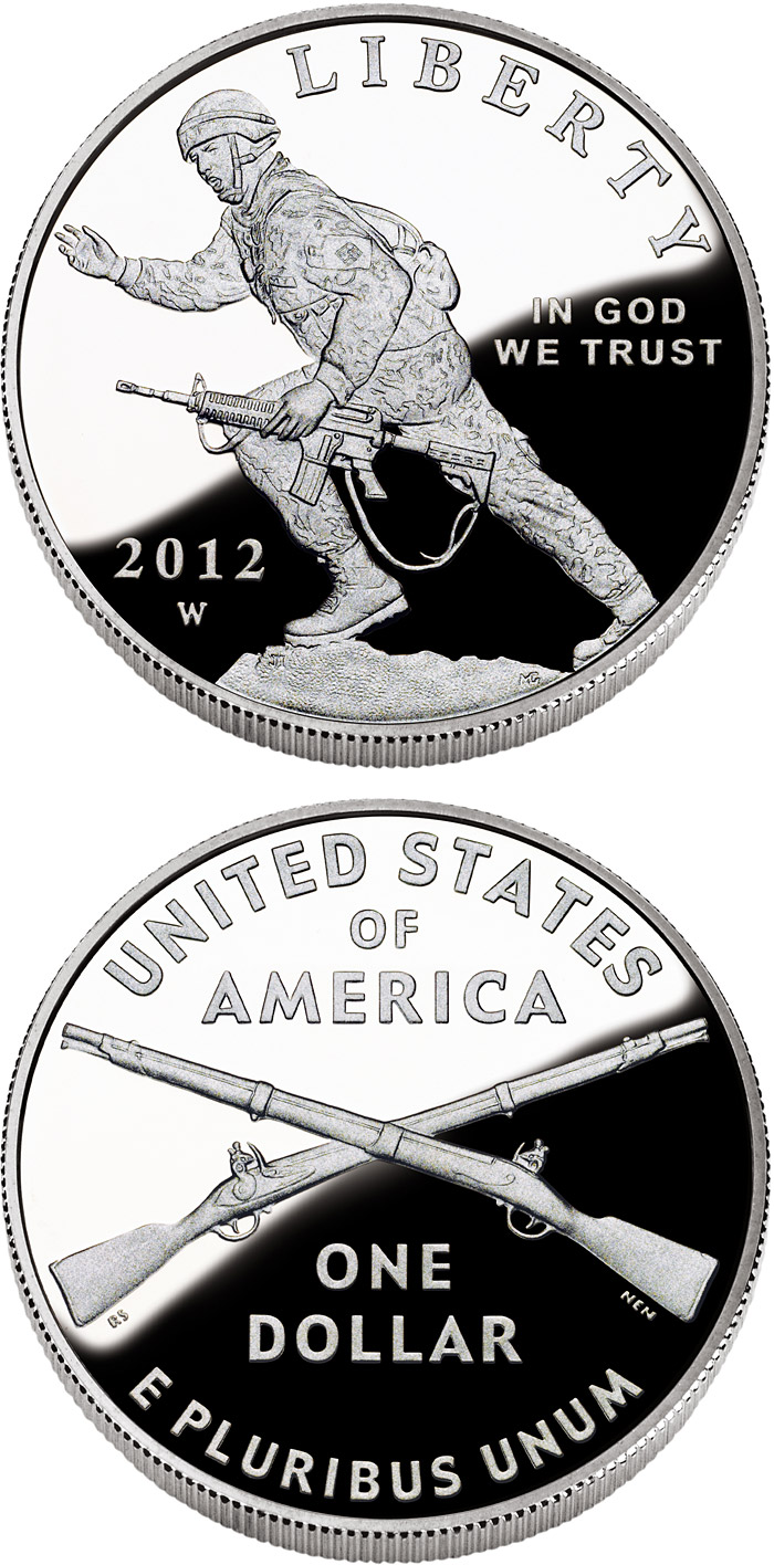 Image of 1 dollar coin - Infantry Soldier | USA 2012.  The Silver coin is of Proof, BU quality.