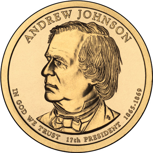 Image of 1 dollar coin - Andrew Johnson (1865-1869) | USA 2011.  The Nordic gold (CuZnAl) coin is of Proof, BU, UNC quality.