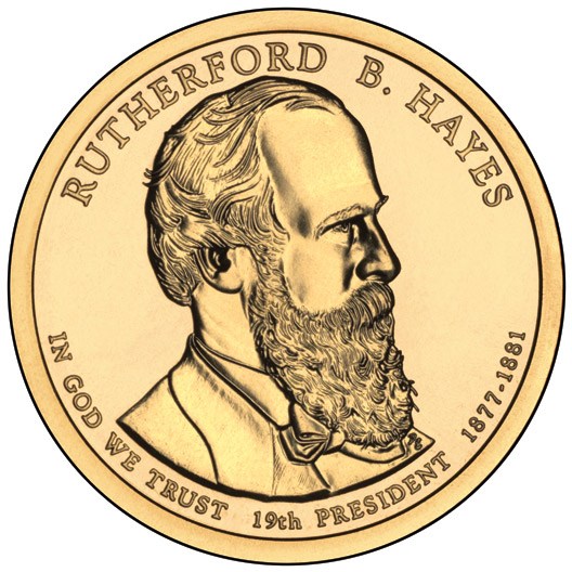 Image of 1 dollar coin - Rutherford B. Hayes (1877-1881) | USA 2011.  The Nordic gold (CuZnAl) coin is of Proof, BU, UNC quality.