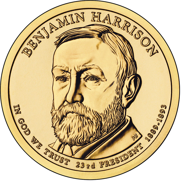 Image of 1 dollar coin - Benjamin Harrison (1889-1893) | USA 2012.  The Nordic gold (CuZnAl) coin is of Proof, BU, UNC quality.