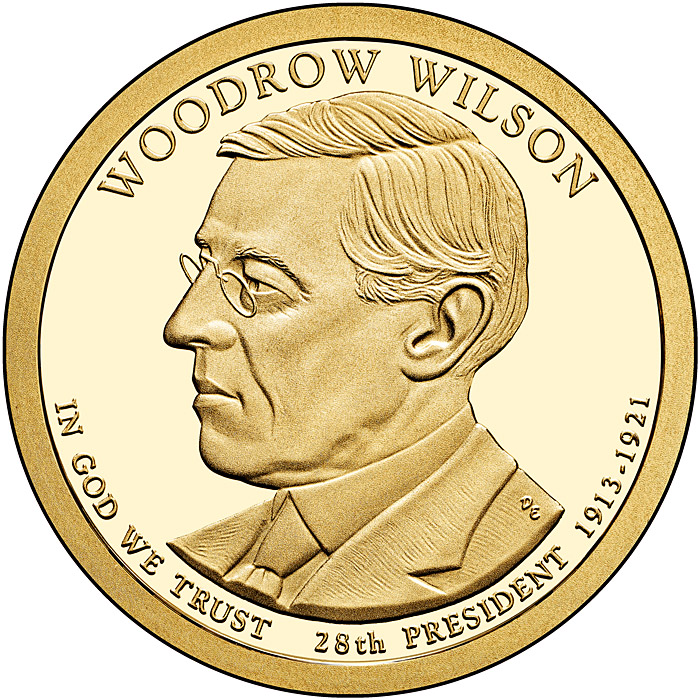Image of 1 dollar coin - Woodrow Wilson (1913-1921) | USA 2013.  The Nordic gold (CuZnAl) coin is of Proof, BU, UNC quality.