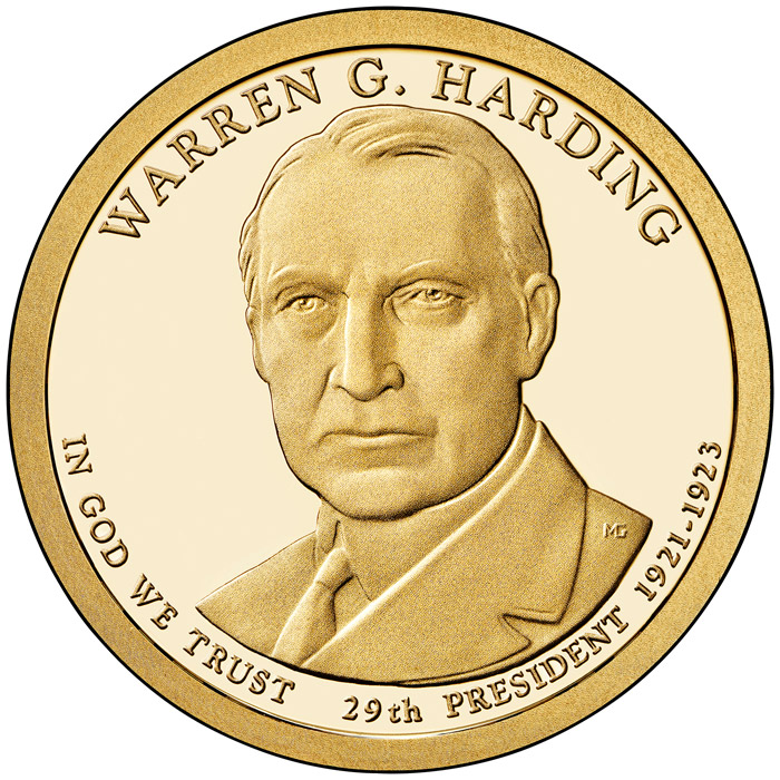 Image of 1 dollar coin - Warren Harding (1921-1923) | USA 2014.  The Nordic gold (CuZnAl) coin is of Proof, BU, UNC quality.